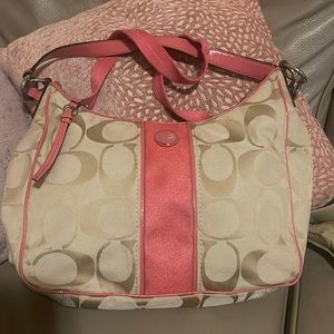 Coach Signature Stripe Demi Handbag Shoulder Bag with Crossbody Strap Pink/Beige